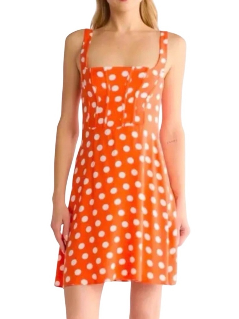 AFRM Women’s Polka Dot Square Neck Orange White Corset Mini Dress New size